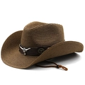 Brown woven western cowboy straw hat with silver bull head ornament and adjustable chin strap - M (56-58cm) / Coffee