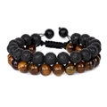 Double-layered braided bracelet with volcanic lava stone and tiger eye beads for men - Lava Stone + Tiger Eye