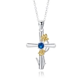 Silver cross necklace with textured branch design, blue zircon center and gold flowers - Cross December Narcissus