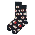 Black crew socks with vibrant red and white apple patterns in a pop art style - Black Apple