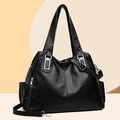 Classic black tote bag in lychee pattern leather with silver hardware and shoulder strap - 9002 Black
