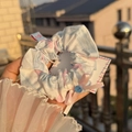 Blue and white checkered scrunchie with pink bow and button detail for women - Pink Blue Plaid Scrunchie with Pink Bow and Blue Button