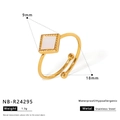 Adjustable golden stainless steel flower ring with 9mm white shell inlay and 18mm diameter - Square Shell Mother-of-Pearl Style (NB-R24295)