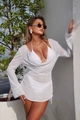 Detail view of the white sheer mesh cover-up with drawstring sides and ruching texture - S / White