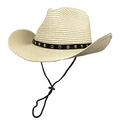 Chapeau de cowboy en paille de style western avec ruban clouté et cordon ajustable - M (56-58cm) / Beige