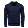 Dunkelblaue Herren-Strickjacke mit Reißverschluss, Stehkragen und feiner Strickstruktur - S / Marineblau