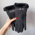 Guanti invernali neri in pelle scamosciata da donna con ricamo gatto e pelliccia - Taglia unica / Nero Baffi di gatto