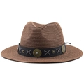 Detail of bohemian dark brown straw fedora with vintage metal concho leather band - M (56-58cm) / Brown