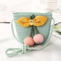 Cute mint green woven straw bucket bag for girls with yellow bow and pink cherry pom-poms - Pink Pom-pom / Green