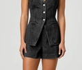 Detail of black washed denim two-piece set featuring a buttoned vest and matching shorts - S / Pants / Black