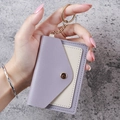 Minimalist purple and beige bi-color leather card holder with gold keychain and button - Purple