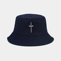 Detailed view of white PEACE embroidery on navy blue cotton canvas bucket hat - Navy Blue