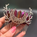 Silver crescent moon hair comb with branch detail and purple orange aura quartz stones - Dark Purple + Branch + Moon