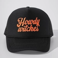 Dettaglio del ricamo Howdy Witches arancione e corda intrecciata su cappello nero - Taglia unica / Nero Logo Arancione