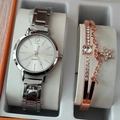 Detailed set of silver quartz watch and rose gold rhinestone star charm bracelet in gift box - Silver Watch Star Bracelet Set