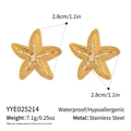 Detail view of gold starfish earrings with dimensions and stainless steel material specs - Starfish Stud Earrings (YYE025214) / Gold