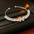 Detail of silver butterfly open bangle with sparkling cubic zirconia on black leather - Butterfly Style (2# Bangle-Silver)