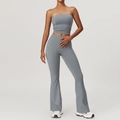 Two-piece grey-blue yoga set featuring high-waisted flared pants and a sports bra crop top - S / Tank + Long Pants / Iron Grey