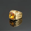 Retro dragon relief men's ring in gold finish with a faceted rectangular yellow gemstone - US 7 / Gold Yellow Gemstone