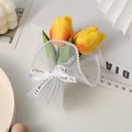 Mini artificial tulip bouquet in yellow and orange with white pearl mesh wrap - PU / Yellow Tulip