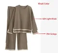 Two-piece knit lounge set in light khaki with long-sleeve top and wide-leg pants - 2XL / Khaki