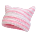 Detailed close-up of pink and white striped crochet knit texture on a cat ear beanie - Pink White Stripes