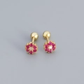 S925 silver flower stud earrings with red and clear zircon stones and screw backs - Golden (Red Stone)
