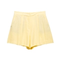 Pantaloncini da donna in lino giallo chiaro a vita alta con pieghe e tasche laterali - XS / Shorts
