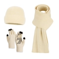 Creamy beige winter knit set including a warm beanie, long scarf, and touchscreen gloves - Three-Piece Set / Beige