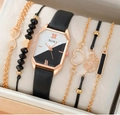 Women's quartz watch and bracelet set with black leather strap and rose gold octagonal case - Black Watch And Bracelet Set (picture Box)