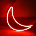 Glowing red moon-shaped LED neon sign light for wall decor on a textured surface - Red