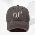 Close-up of white MOM embroidery on dark gray washed cotton baseball cap with ventilation holes - Coffee MOM