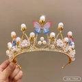 Golden butterfly tiara with rhinestones and pink-blue gradient mesh details, 17cm - 16# Butterfly Pearl Gold Crown (17cm)