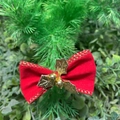 Red velvet Christmas bow with gold trim, bells and leaves for tree and pet decoration - Velvet Ribbon Christmas Style 6
