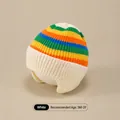 Warm colorful striped baby earflap beanie hat in white for ages 5 months to 3 years - One Size / Rainbow Hat / Off White