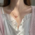 Pulsera veraniega dorada con corazón de melocotón, gema rosa y perlas para mujeres - Collar