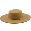 Classic camel wool felt boater hat with wide 10cm flat brim and rose gold metal buckle band - M (56-58cm) / Camel
