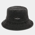 Macro detail showing the washed fabric and shark embroidery on a black bucket hat. - One Size / Black