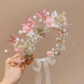 Girl flower crown with pink gauze butterflies, pearls, and crystals on golden wire - Pink Butterfly Pearl Flower Streamer