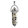 Dalmatian stone hexagonal prism pendant with silver clasp on white background - Moon Charm / Dalmatian Jasper