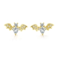Gold bat-shaped stud earrings with sparkling cubic zirconia stones on white background - 14k Light Gold with White Stone / Gold