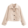 Giacca corta da donna in lana beige con colletto a revers e bottoni neri a contrasto - XS / Bianco Sporco