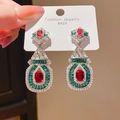Vintage silver earrings with red oval gemstone and green crystals in court style - Style 63# Silver Pin-Silver-Purple-Green