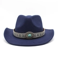 Detail of dark blue western cowboy hat with ethnic woven band and turquoise stone accent - Navy Blue