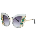 Cat eye sunglasses with gold frames, emerald stone accents, and grey gradient lenses - Transparent Gray Frame Gradient Gray Lens