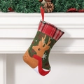 Green non-woven Christmas stocking featuring brown elk embroidery and red plaid cuff - Small Reindeer