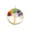 Handcrafted tree of life pendant featuring colorful natural crystal stone chips in a circle - 3cm / Gold + Multicolor