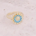 Verstellbarer goldener Sonnenblumenring mit blauen Emaille-Blütenblättern und Zirkonia - Einstellbar Offen / Blaues Emaille Gänseblümchen Modell (1#)