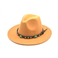 Cappello fedora in feltro stile tibetano con cinturino in pelle e dettagli turchesi - M (56-58cm) / Edizione Standard / Cammello