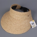 Detail of raffia sun visor hat with UV protection tag and gold metal accent - M (56-58cm) / Beige
